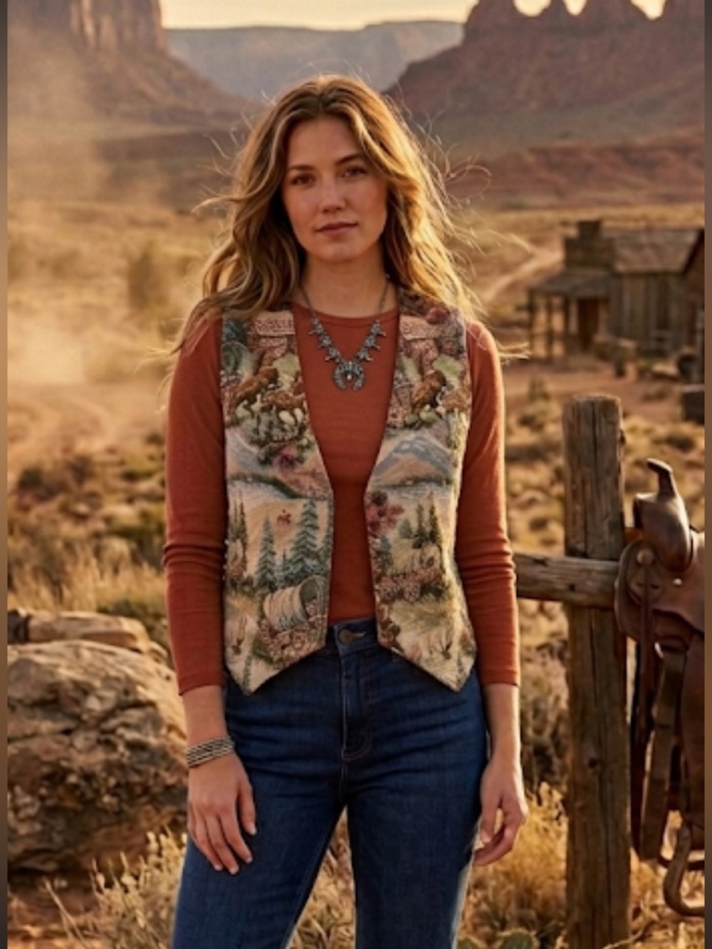 Vintage 80’s Western Cowboy Tapestry Reversible Women’s Vest Homemade Size XL